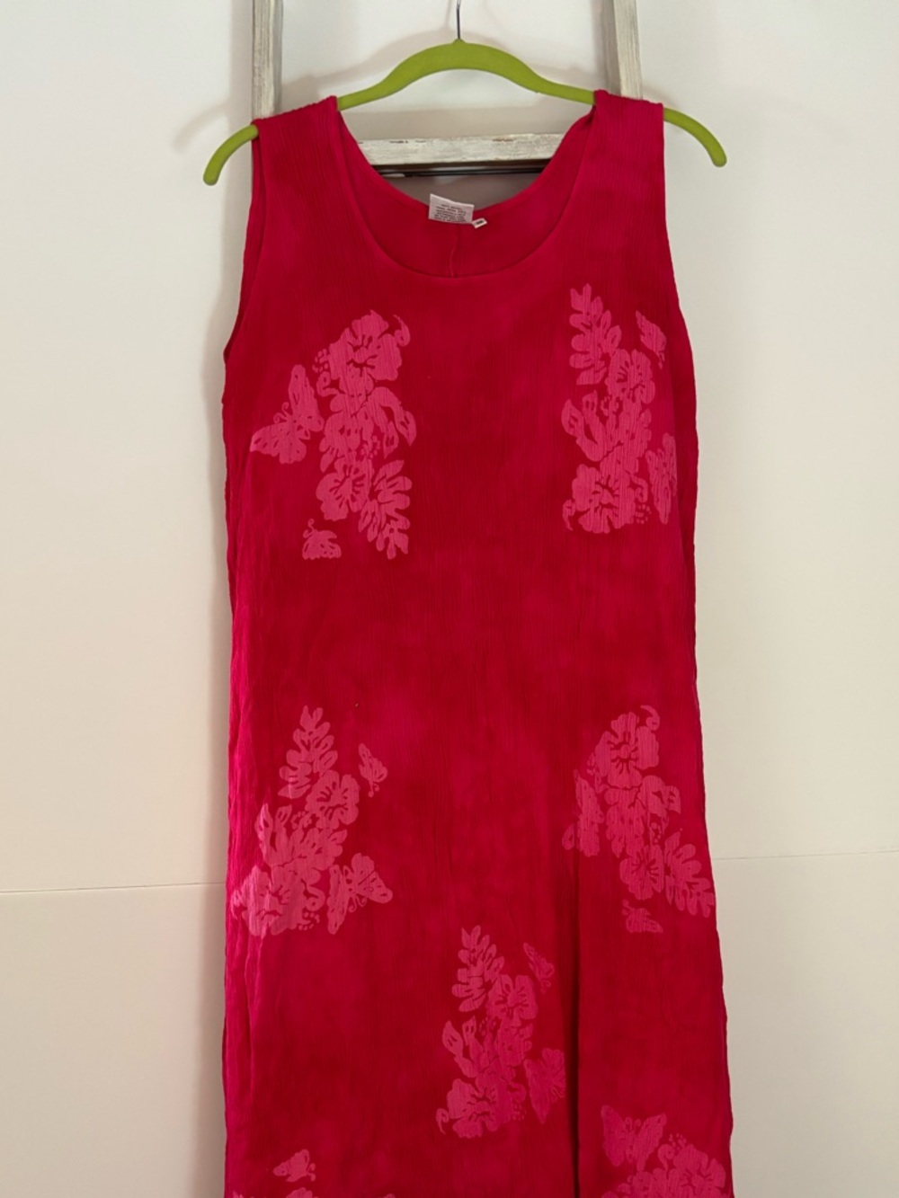 Sleeveless Pink Floral Midi Dress, crinkle texture, batik style, vacation